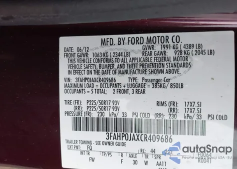 2012 Ford Fusion Sel из США, поврежденный, VIN 3FAHP0JAXCR409686